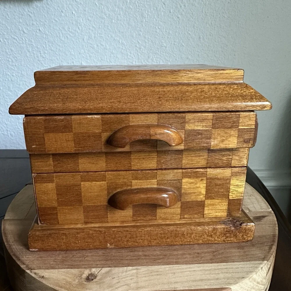Vintage Wooden Jewelry Box 7x5x5 Inch Chest Checkered Inlay Drawers Green Lined
